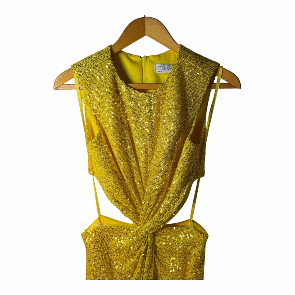 Mac Duggal Yellow Gold Sequin Cutout Twist Sheath Dress 4 Graduation Wedding - Picture 4 of 14